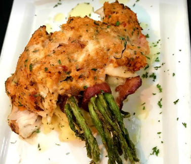 crab encrusted grouper and bacon wrapped asparagus