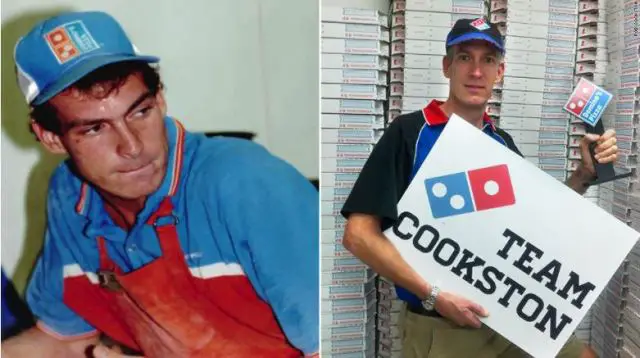 Rob Cookston. Picture on the left is Rob 30 years ago as a Domino's delivery driver. Picture on the right is Rob today as a franchisee of 18 Domino's locations.