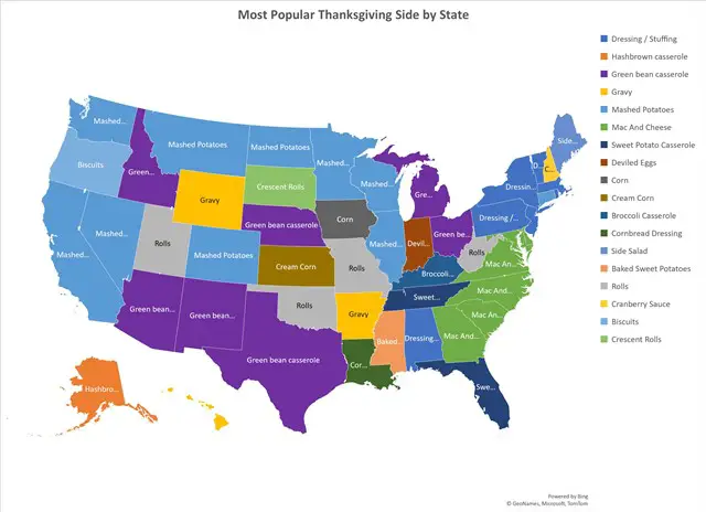 Top Thanksgiving Side Item Dish by State Map